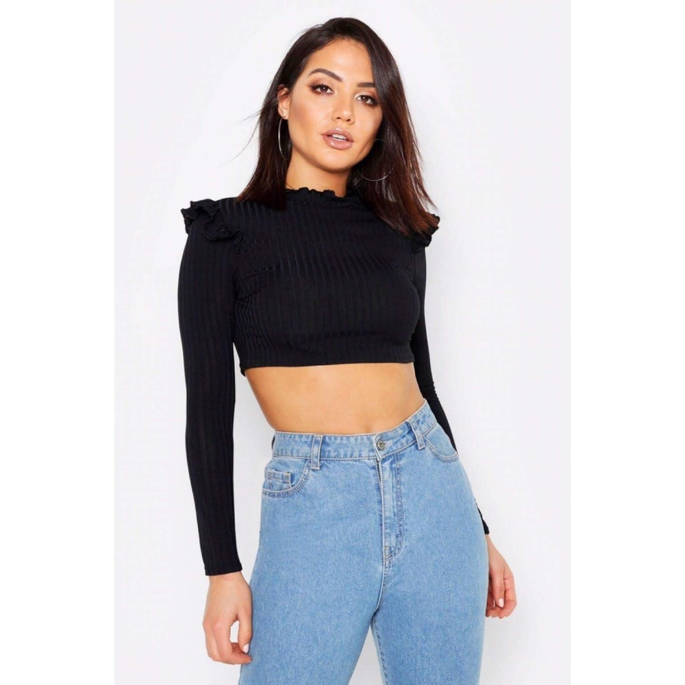 Boohoo Black Cropped Mock Neck Crop Sweater Top, High Neck Ruffle